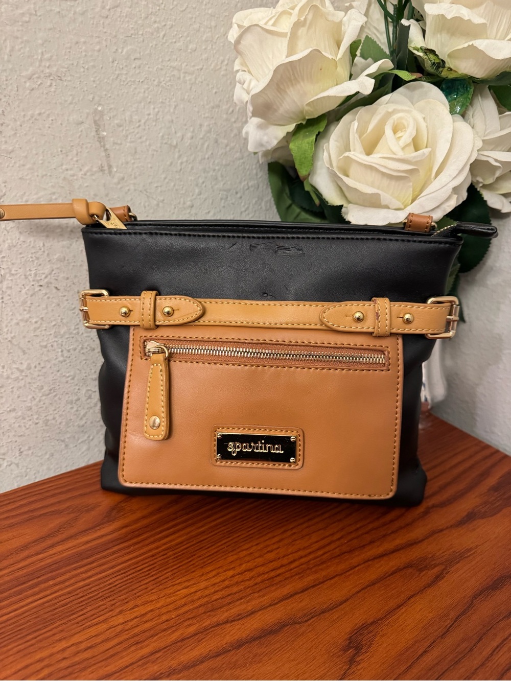 Spartina 449 Black and Tan Leather Crossbody with Front Zip Pocket